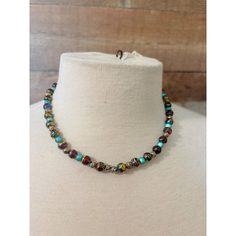 Handblown Glass Bead Necklace Multicolor‎ Red Blue Gold 17 Inch Strand J273